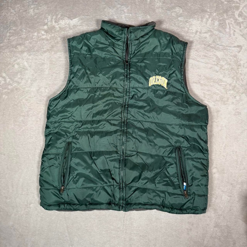 Vintage Oregon Ducks Reversible Fleece Puffer Vest Green Gray Mens XL NCAA